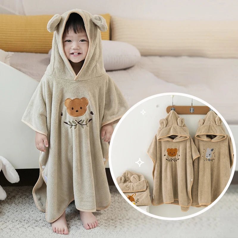 Hooded Baby Bath Towels Embroidery Kids Bathrobe Soft Coral Velvet Baby Bath Items Cartoon Infant Shower Wear Cloak 60*120cm - BabyHaven