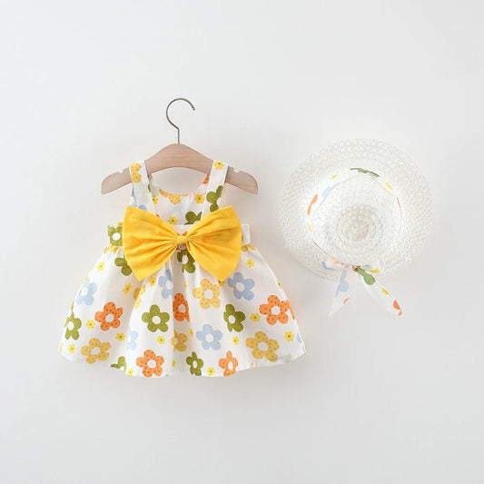 Summer Newborn Baby Clothes Toddler Girl Cotton Beach Suspender Dress and Sun Hat 2 Piece Set - BabyHaven