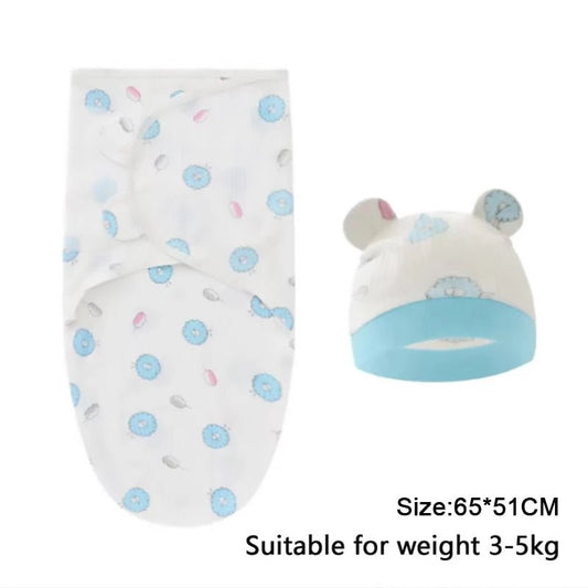 Baby Blanket Hat Set Cartoon Printed Cotton Newborn Swaddle - BabyHaven