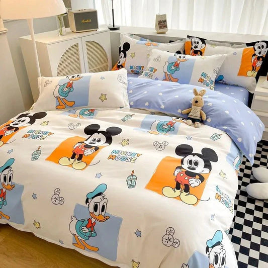 Disney 4-piece cotton bedding set with cartoon design featuring Mickey Mouse and Donald Duck, perfect for a cozy and cheerful bedroom.