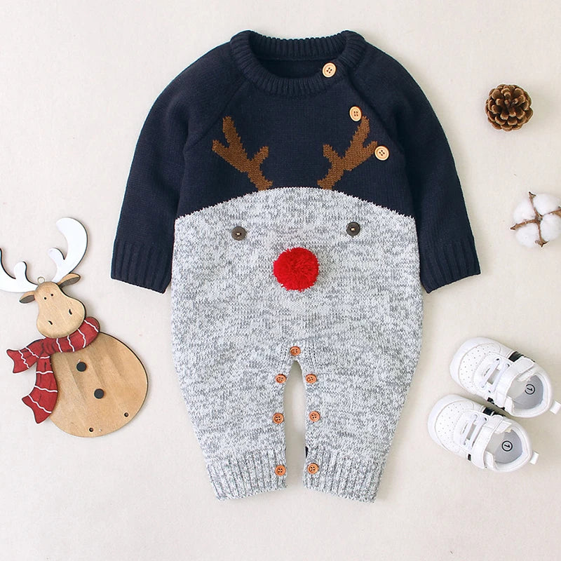 Sending Hats Baby Christmas Rompers Clothes Red Reindeer Knit Newborn Boy Girl Jumpsuits Winter Infant Kids New Year Playsuits