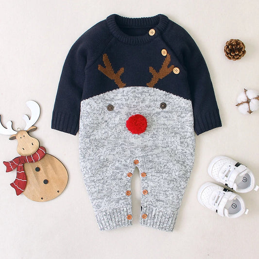 Sending Hats Baby Christmas Rompers Clothes Red Reindeer Knit Newborn Boy Girl Jumpsuits Winter Infant Kids New Year Playsuits