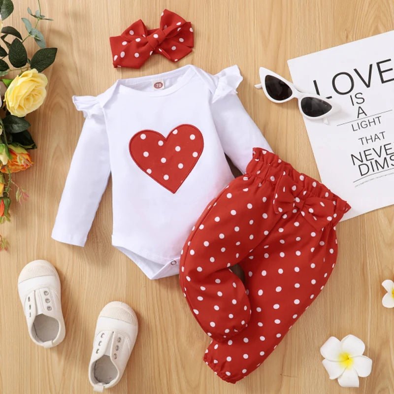 3PCS Newborn Baby Girl Clothes Set Love Heart Long Sleeve Romper+Pant+Headband Fashion Outfits for Toddler Girl 0 - 18 Months - BabyHaven