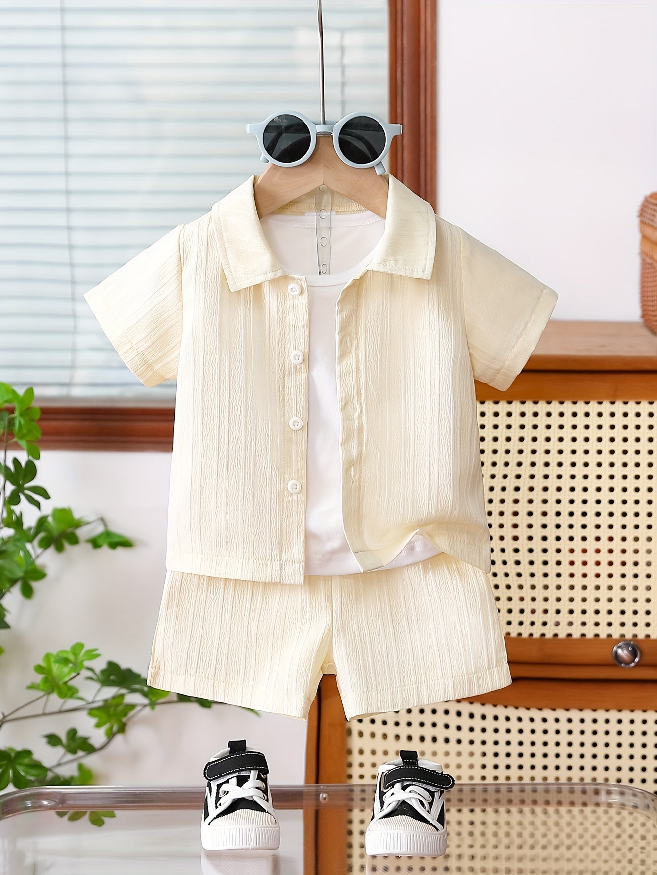 Summer Boys Apricot Striped Collared Shirt and Shorts Set for Outdoor Casual Activities - BabyHaven