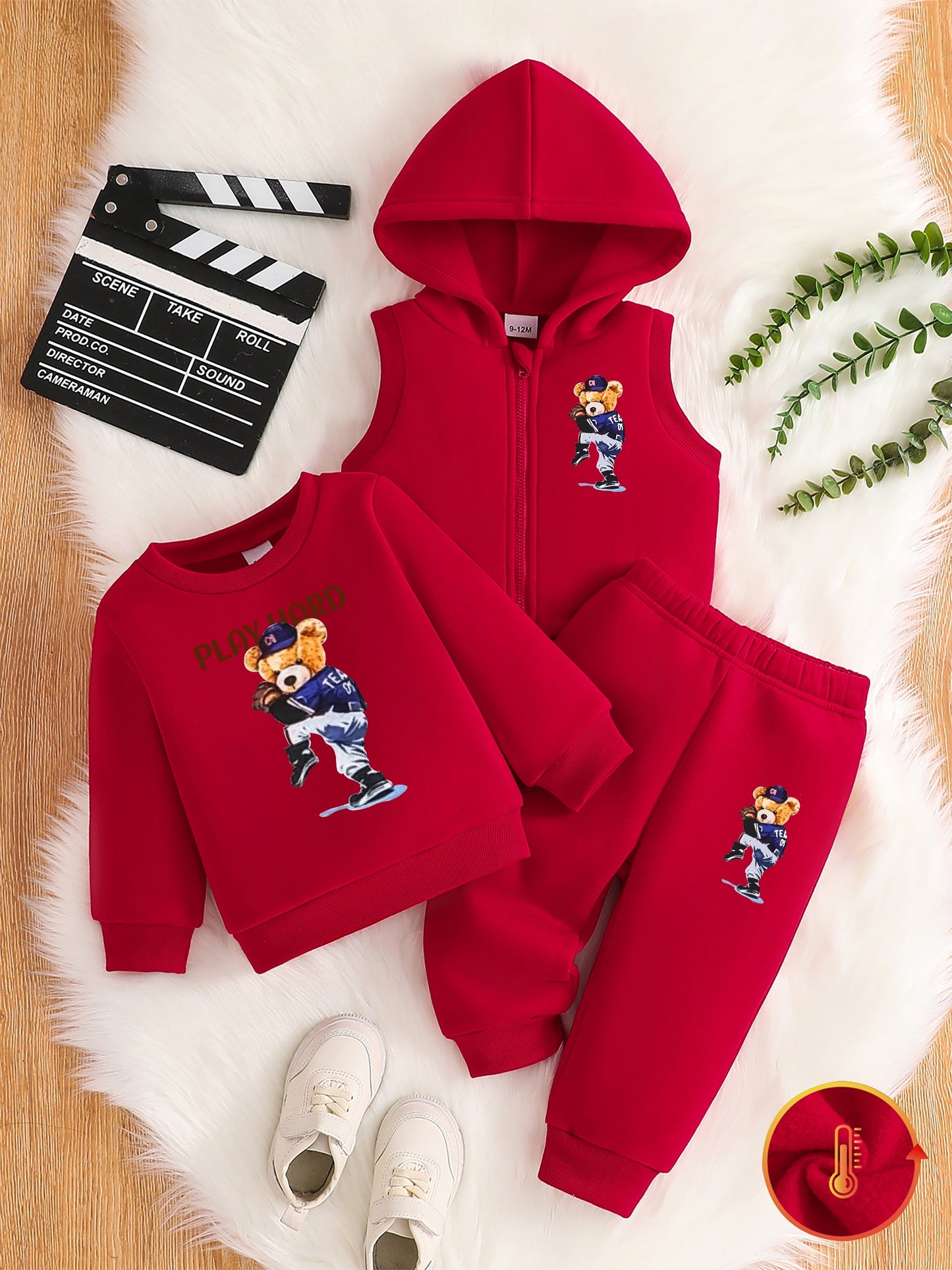 Boys' 3pcs Fleece-Lined Hoodie & Vest Set for Fall Outdoor