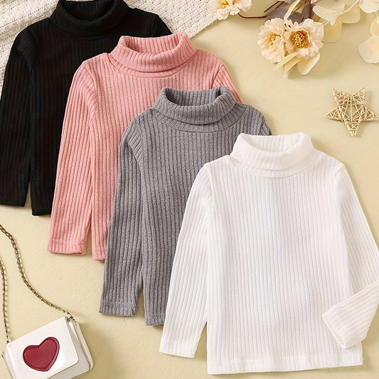4pcs Girls Stretchy Turtleneck Set for All Seasons in black, pink, gray, and white, perfect for year-round comfort.