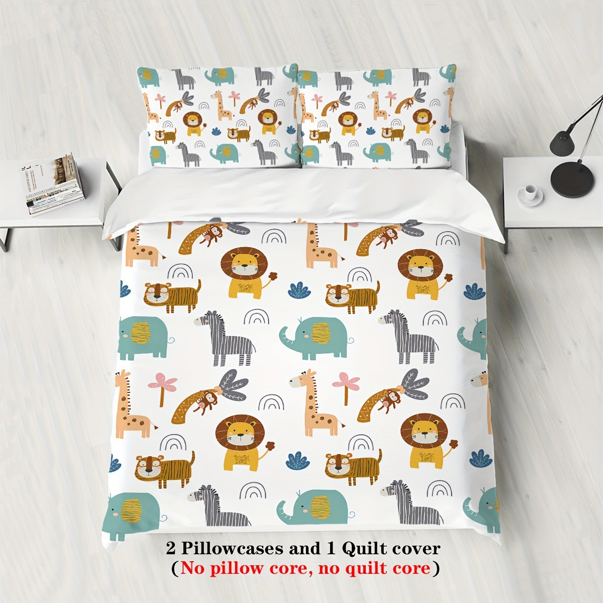 3pcs duvet cover set with cute lion, elephant and zebra