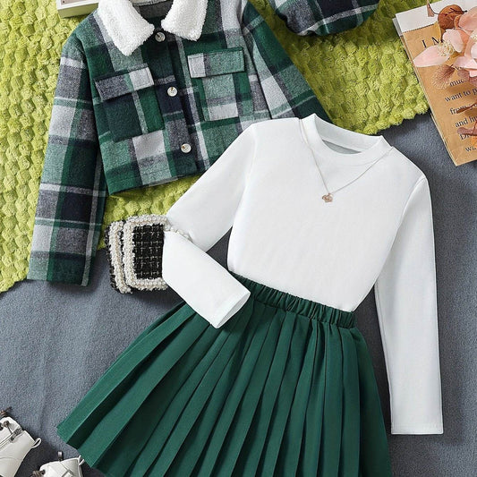 Adorable girls' three-piece set with plaid jacket and checkered skirt.