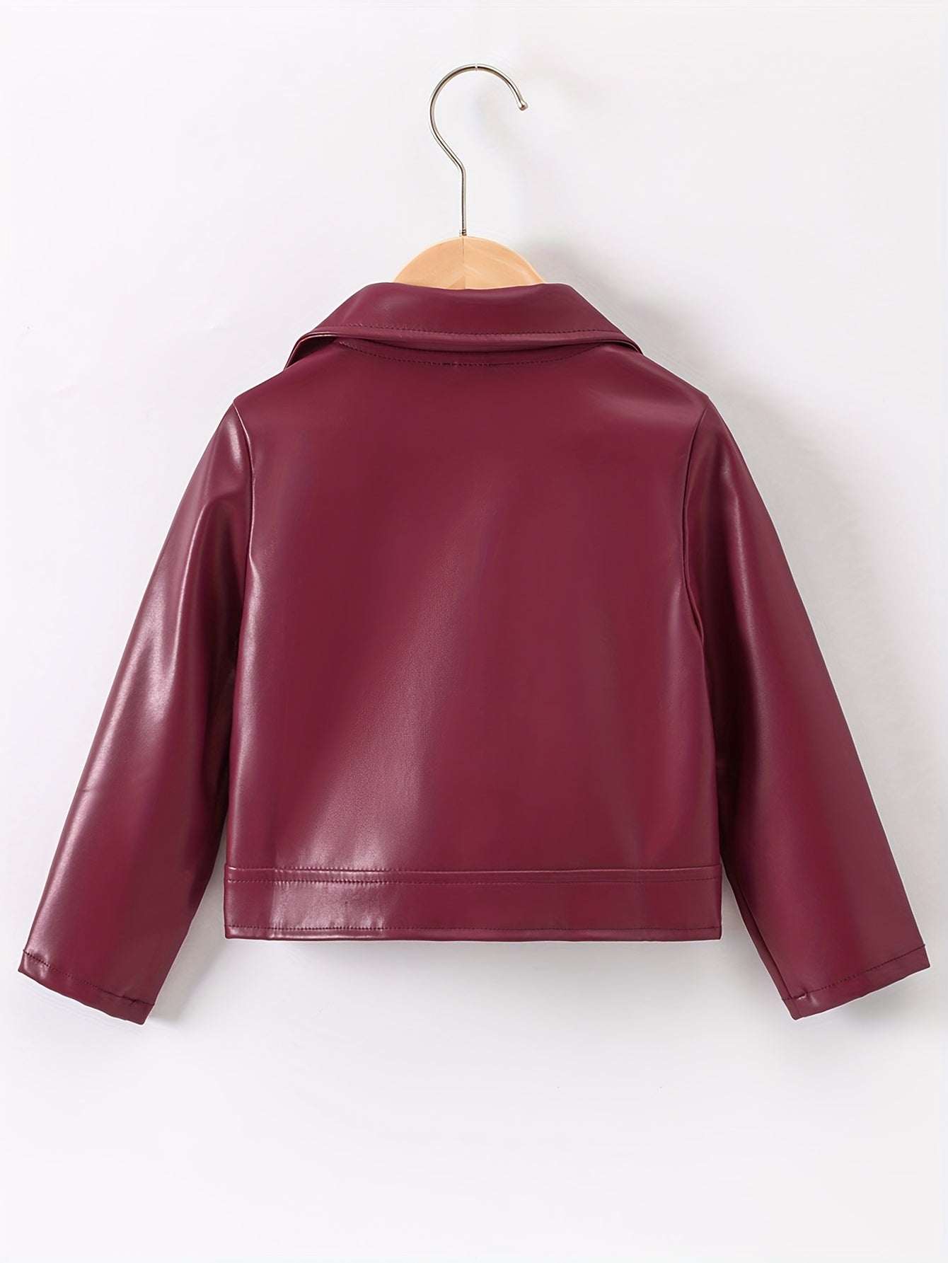 Trendy girls' pink leather jacket, durable and stylish design.
