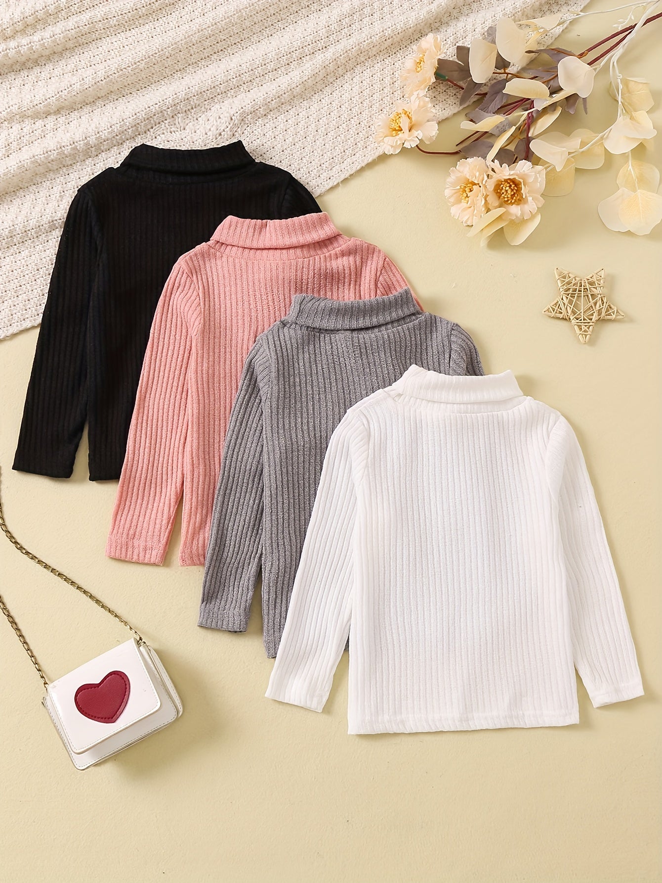 4pcs Girls Stretchy Turtleneck Set for All Seasons in pink, gray, white, and black, perfect for year-round wear.