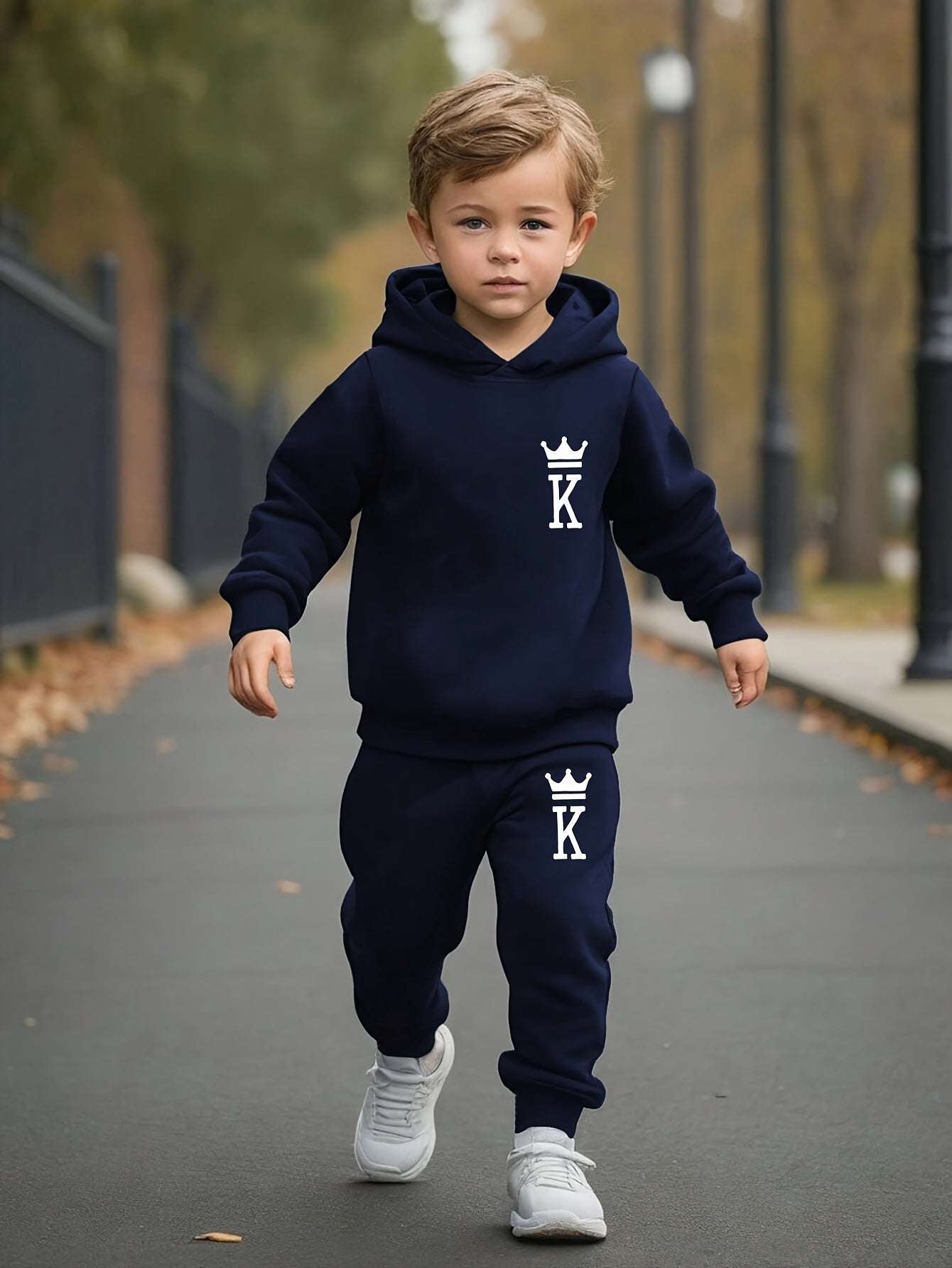 Boys' navy hoodie and pants set with king logo print, ideal for autumn and winter.