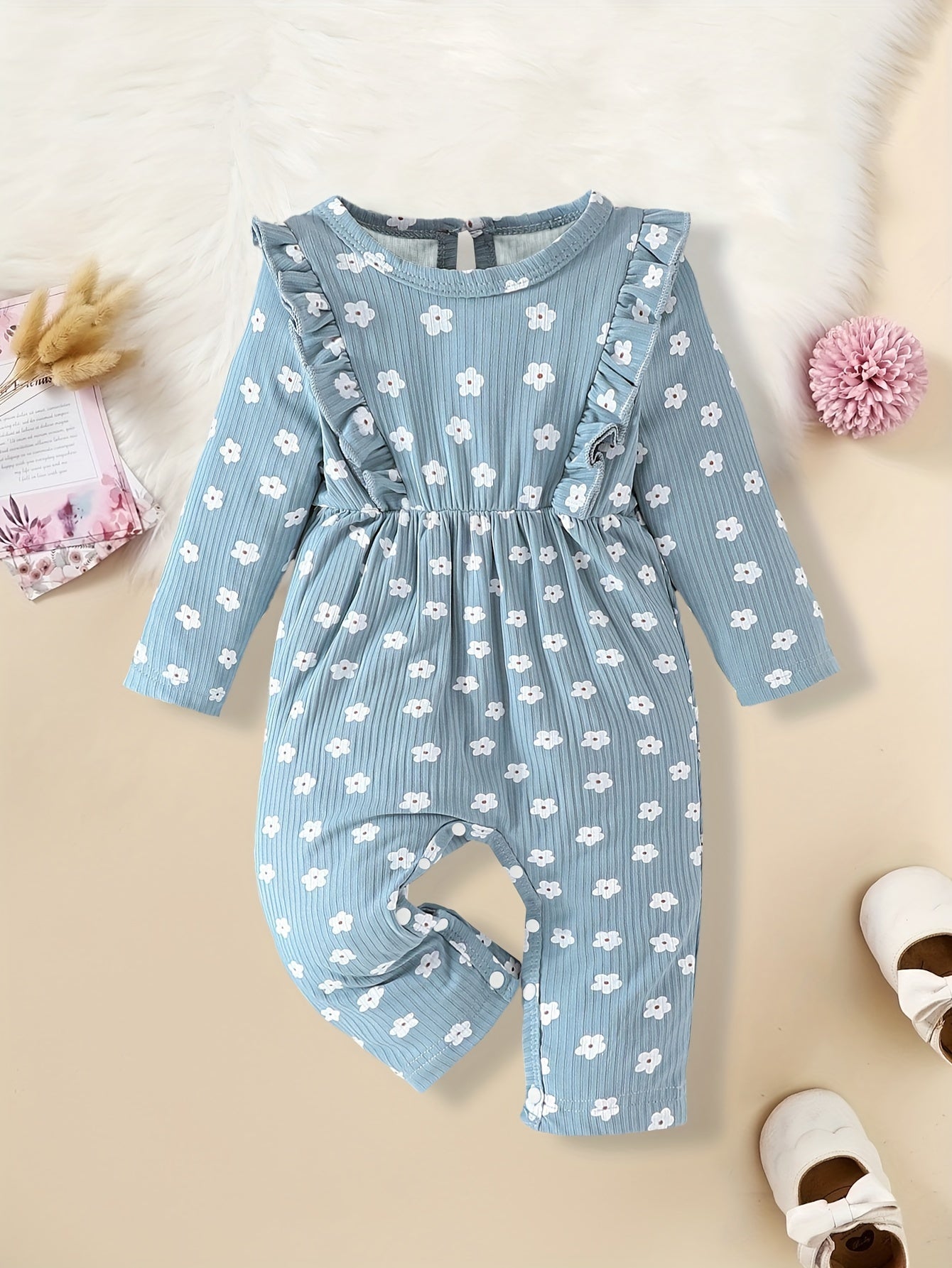 Girls' Long Sleeve Floral Romper with Crew Neck Casual Style - BabyHaven