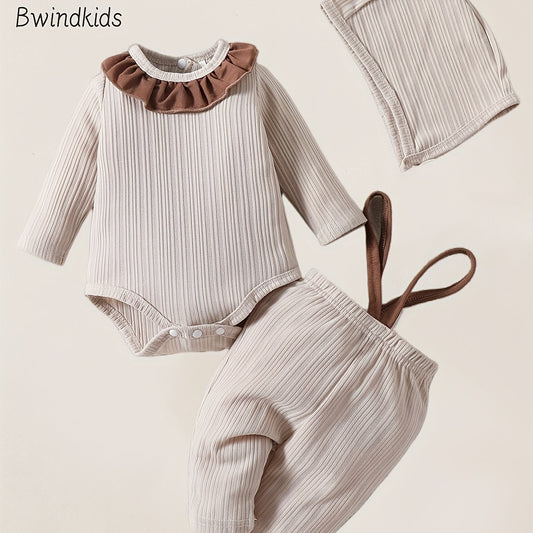 Adorable Two - Piece Ruffled Collar Bodysuit And Overalls Set - BabyHaven
