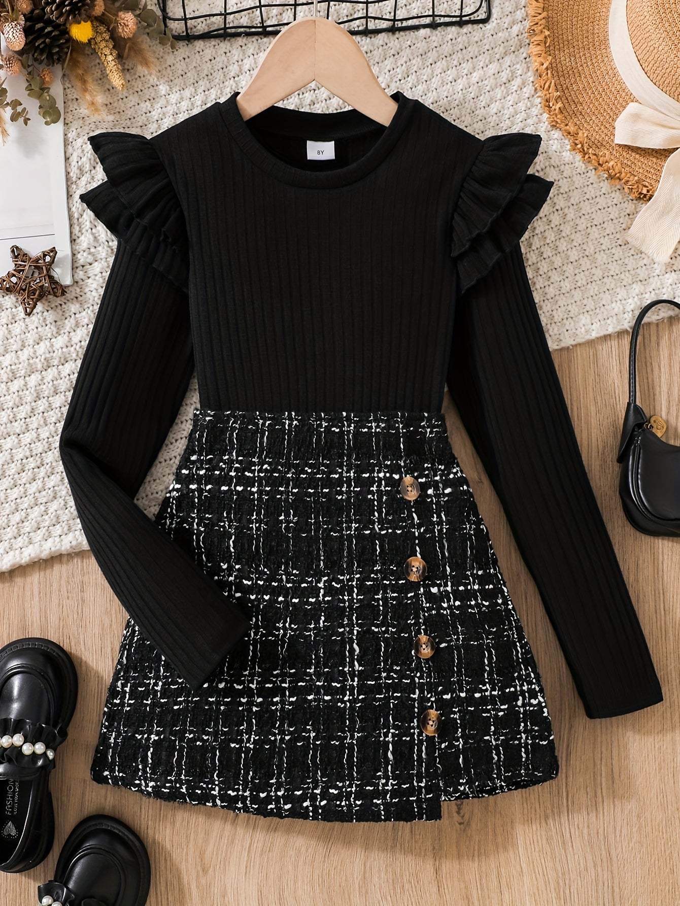 2-piece flounce trim long sleeve top with tweed knit skirt ensemble.