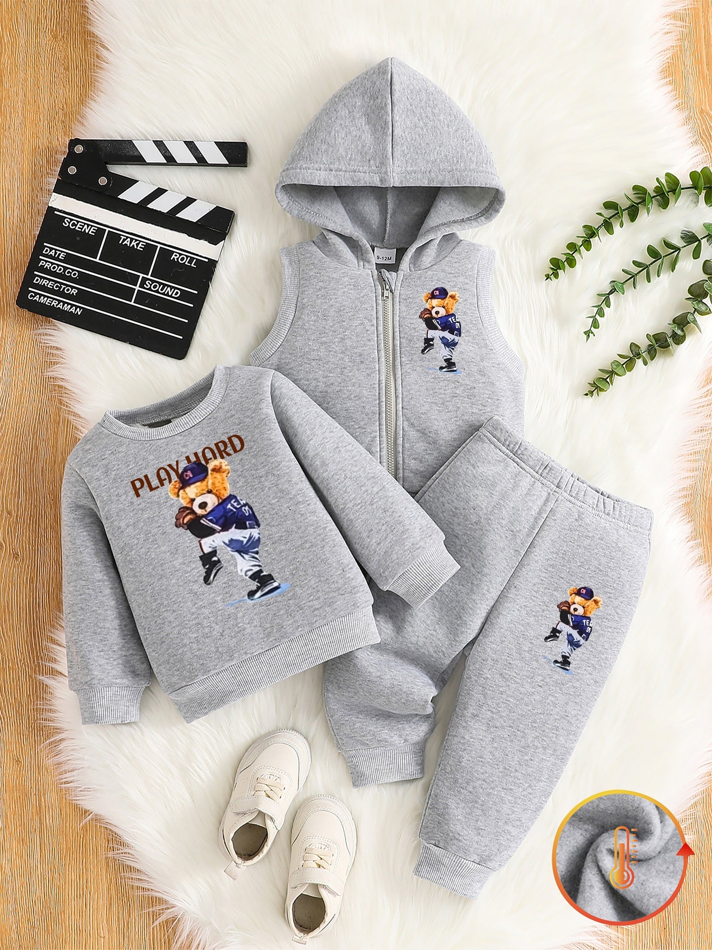 Boys' 3pcs Fleece-Lined Hoodie & Vest Set for Fall Outdoor