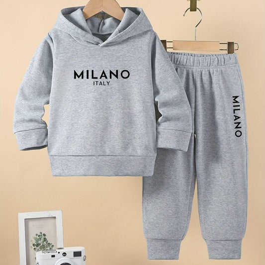 Stylish boys' Milano set with hoodie and pants in gray showcasing modern design.