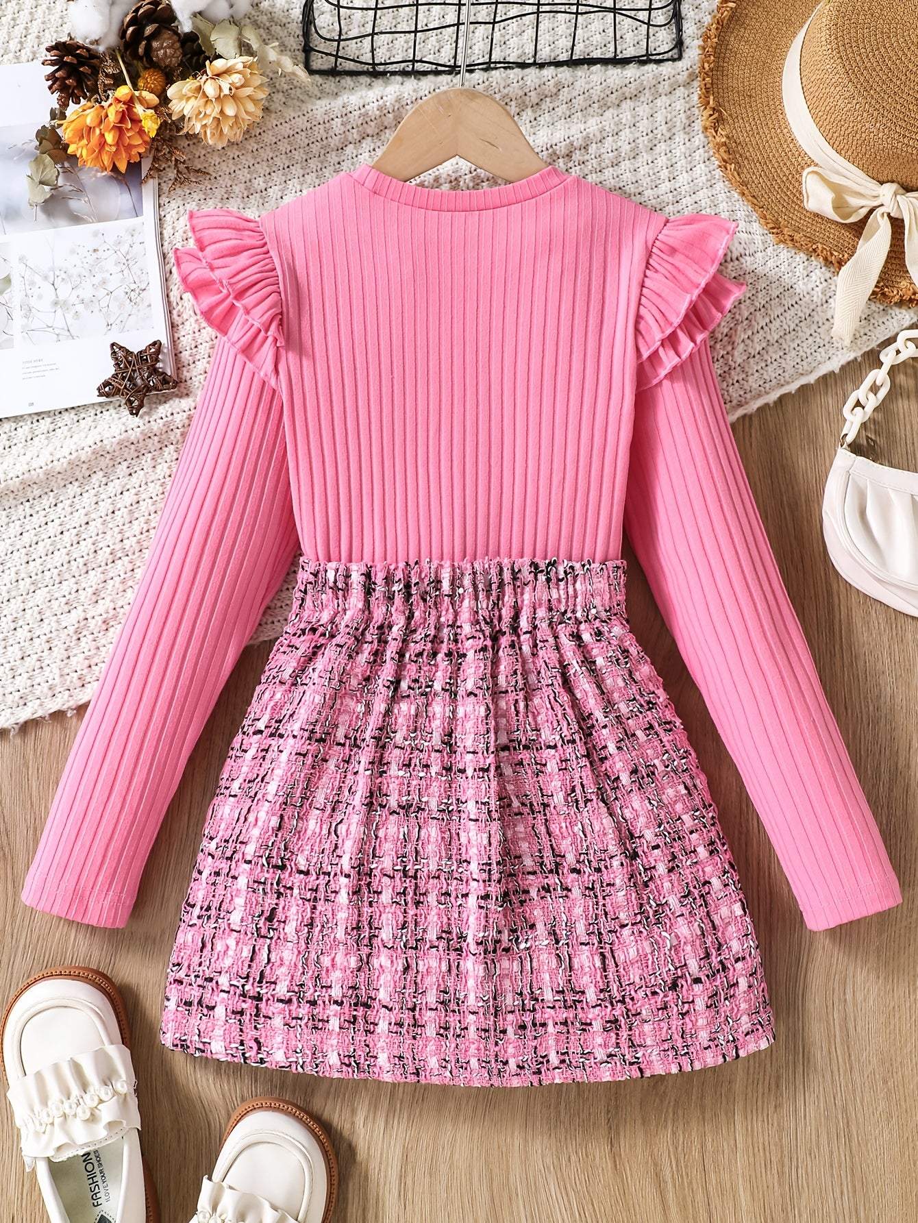 2-piece flounce trim long sleeve top and tweed knit skirt in pink, stylish and versatile ensemble.