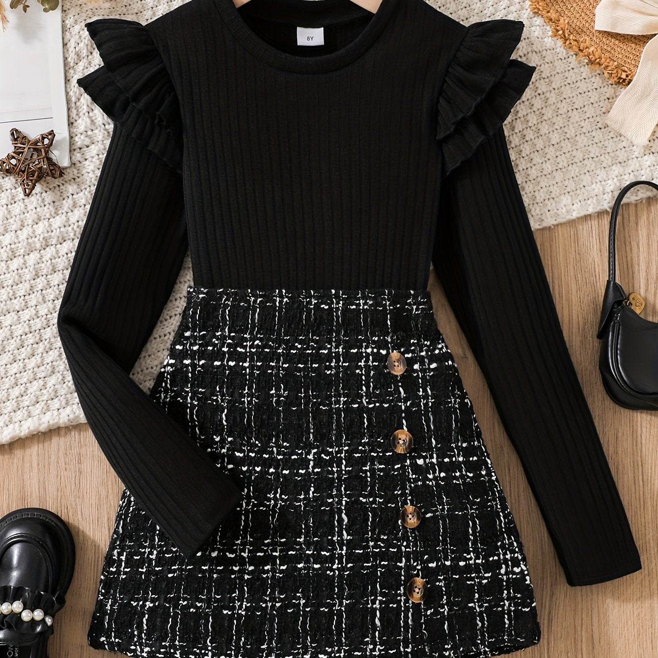 2-piece set with a flounce trim long sleeve top and tweed knit skirt, showcasing chic and versatile style.