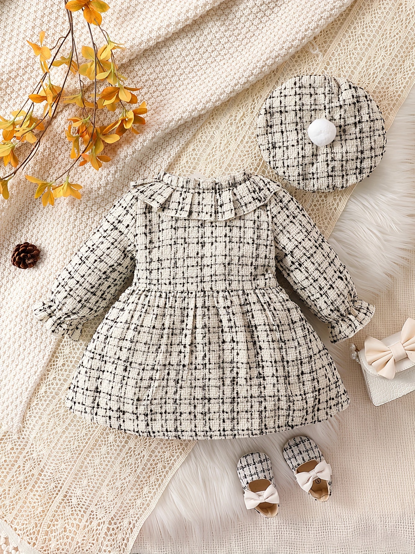 Baby Elegant Bowknot Decor Ruffled Tweed Long Sleeve Dress for Infant and Toddler Girls Daily Wear Holiday Party Gift - BabyHaven