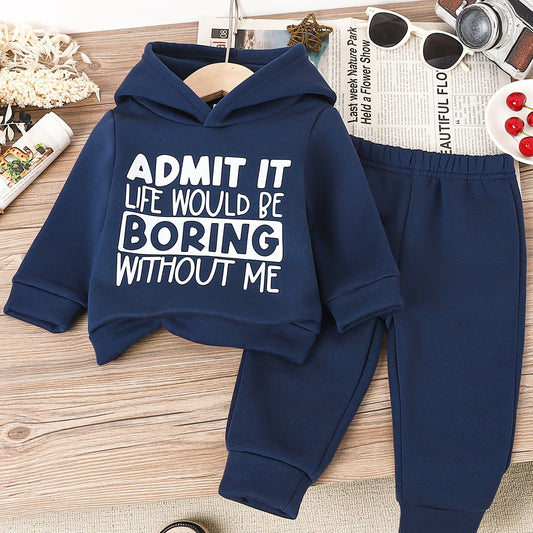 Baby Boy White Letter Print + Dark Blue Long - sleeved Sweatshirt + Casual Pants & Baby Boy Warm Two - piece Suit - BabyHaven