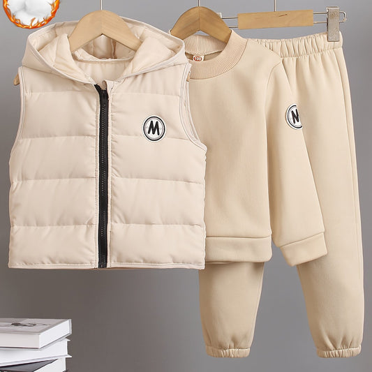 Men's Toddler Autumn and Winter Casual 3 Piece Set Beige Zip Up Hoodie Vest Long Sleeve Sweatpants with M Logo Polyester Blend Knit Fabric Stylish Toddler Outfit