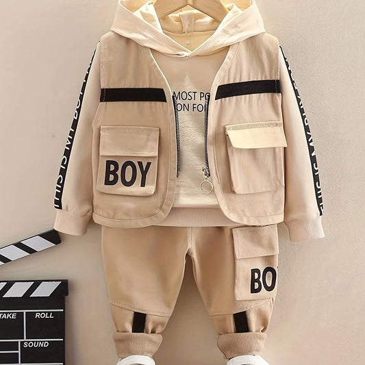 Trendy boys' three-piece set with bold "Boy" design in high-quality cotton.