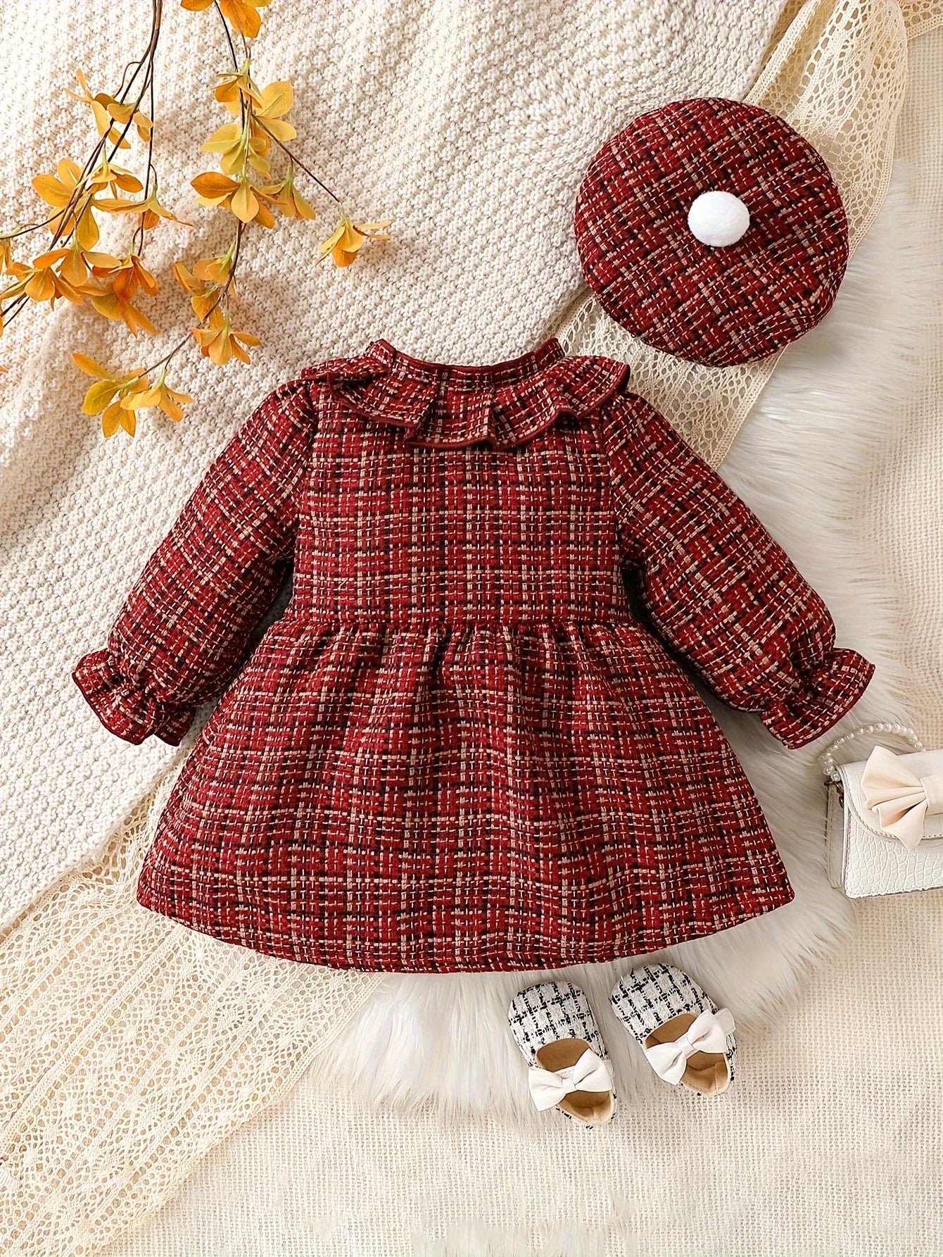 Baby Elegant Bowknot Decor Ruffled Tweed Long Sleeve Dress for Infant and Toddler Girls Daily Wear Holiday Party Gift - BabyHaven