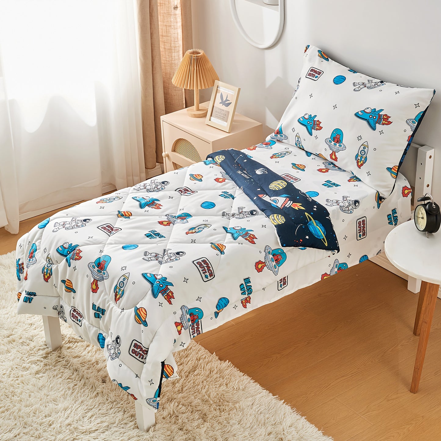 4pcs printed space ship toddler bedding set unisex