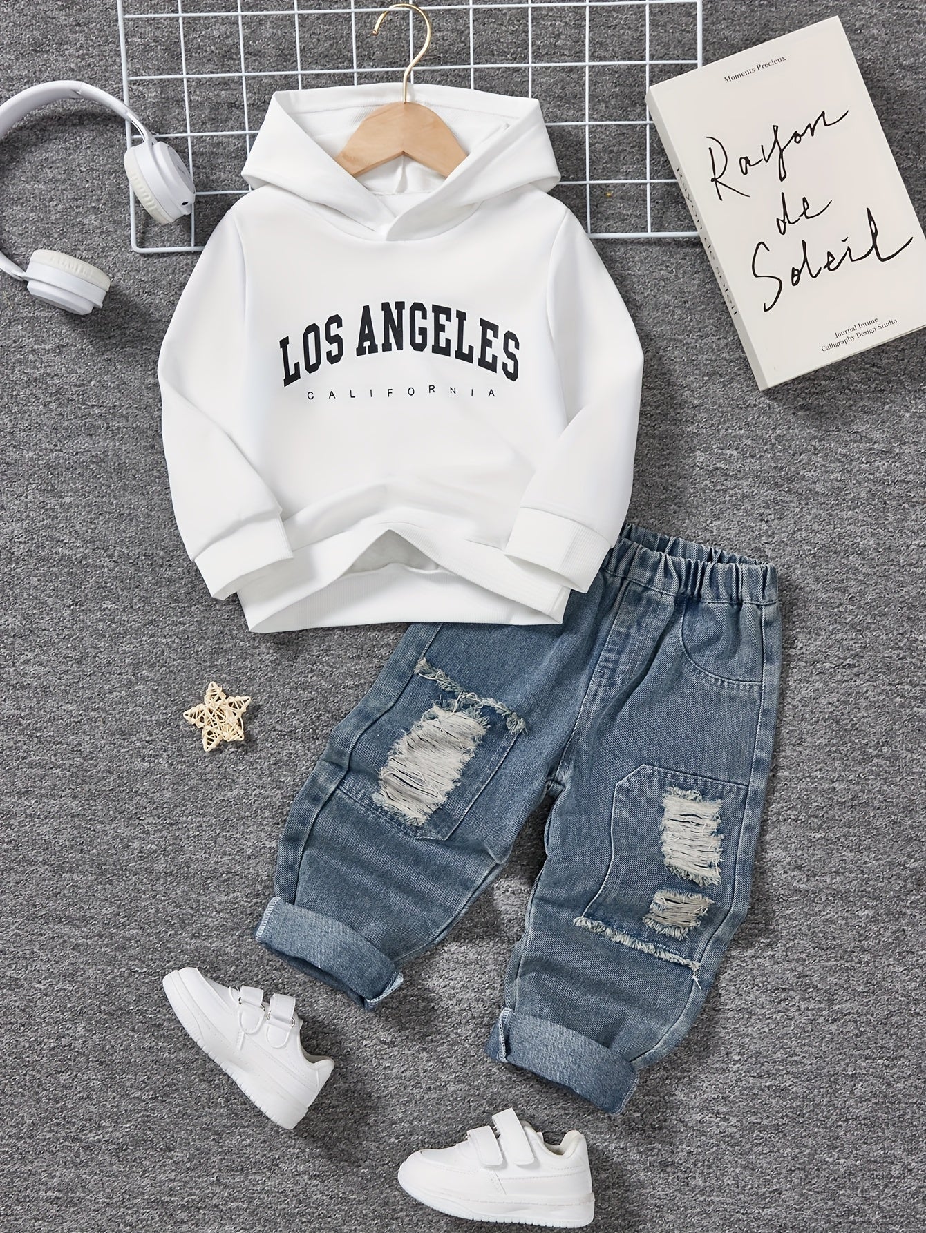 Boys Casual Alphabet Print Hoodie and Ripped Jeans Set for Spring and Fall - BabyHaven