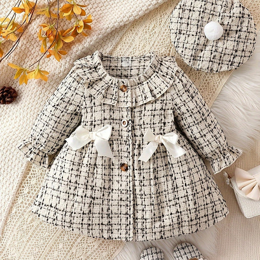 Baby Elegant Bowknot Decor Ruffled Tweed Long Sleeve Dress for Infant and Toddler Girls Daily Wear Holiday Party Gift - BabyHaven