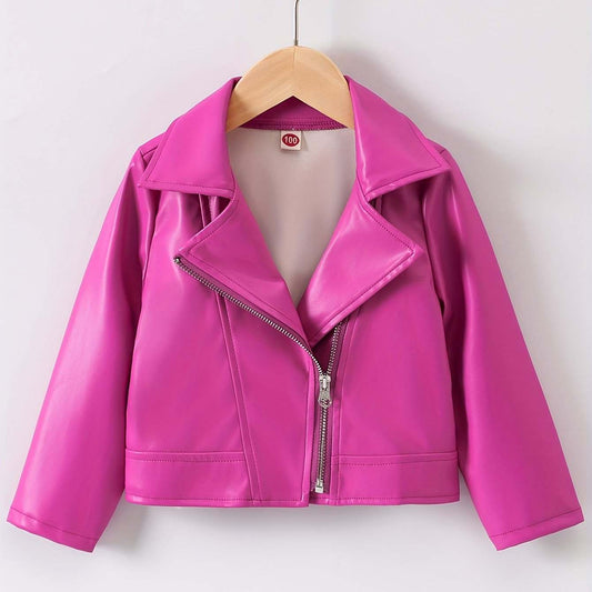 Trendy girls' pink leather jacket with modern design and durable PU material.