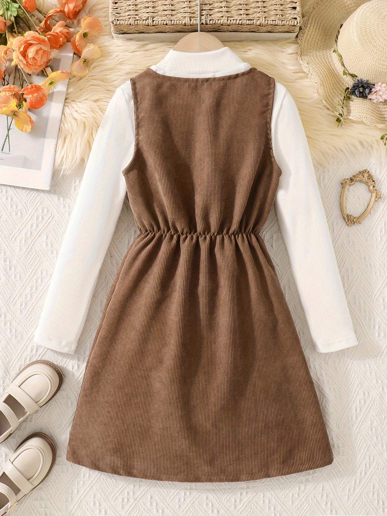 Fashionable two-piece dress with brown sleeveless overlay and white long-sleeved inner shirt, displayed on light textured fabric with accessories.
