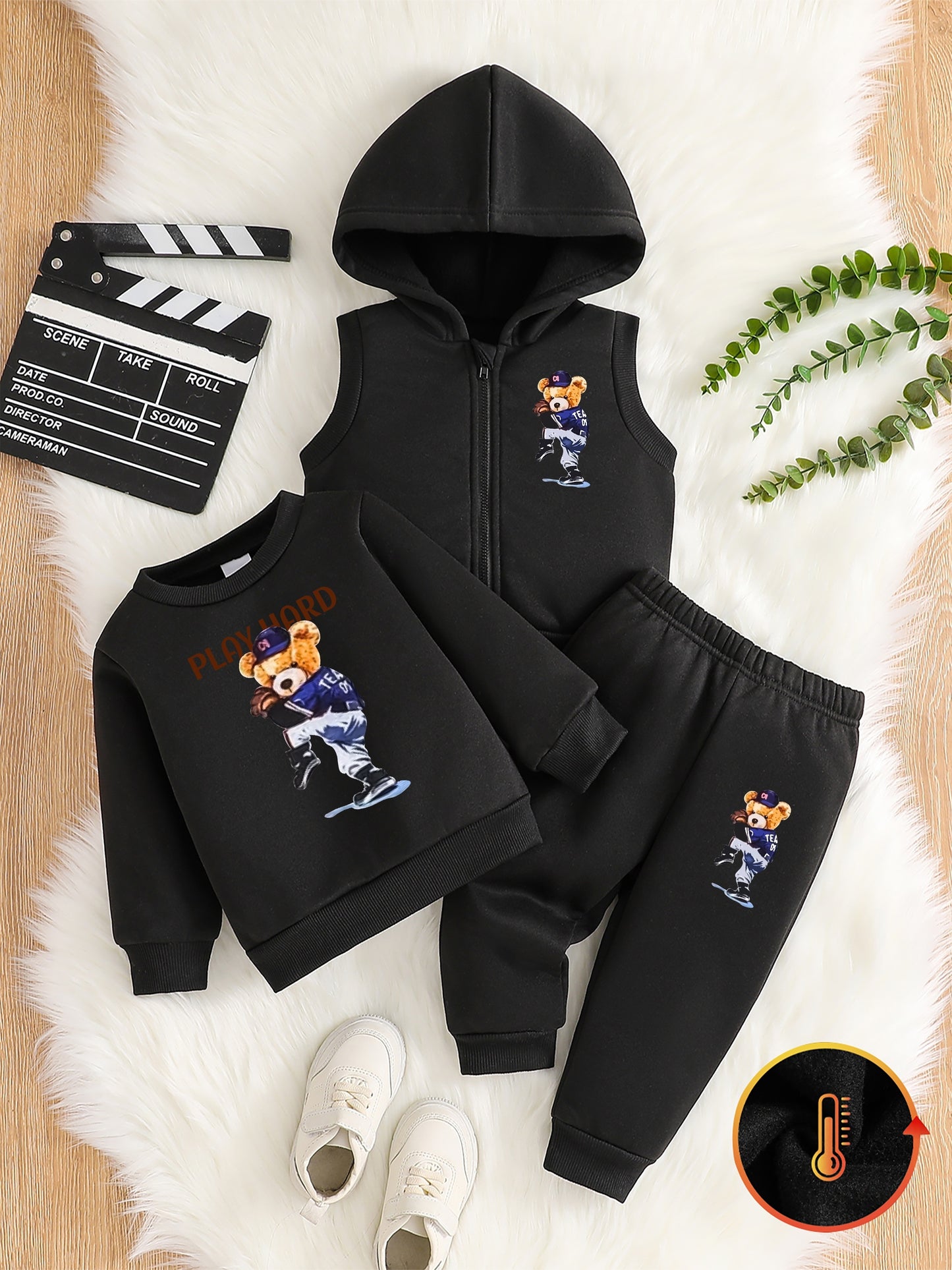 Boys' 3pcs Fleece-Lined Hoodie & Vest Set for Fall Outdoor