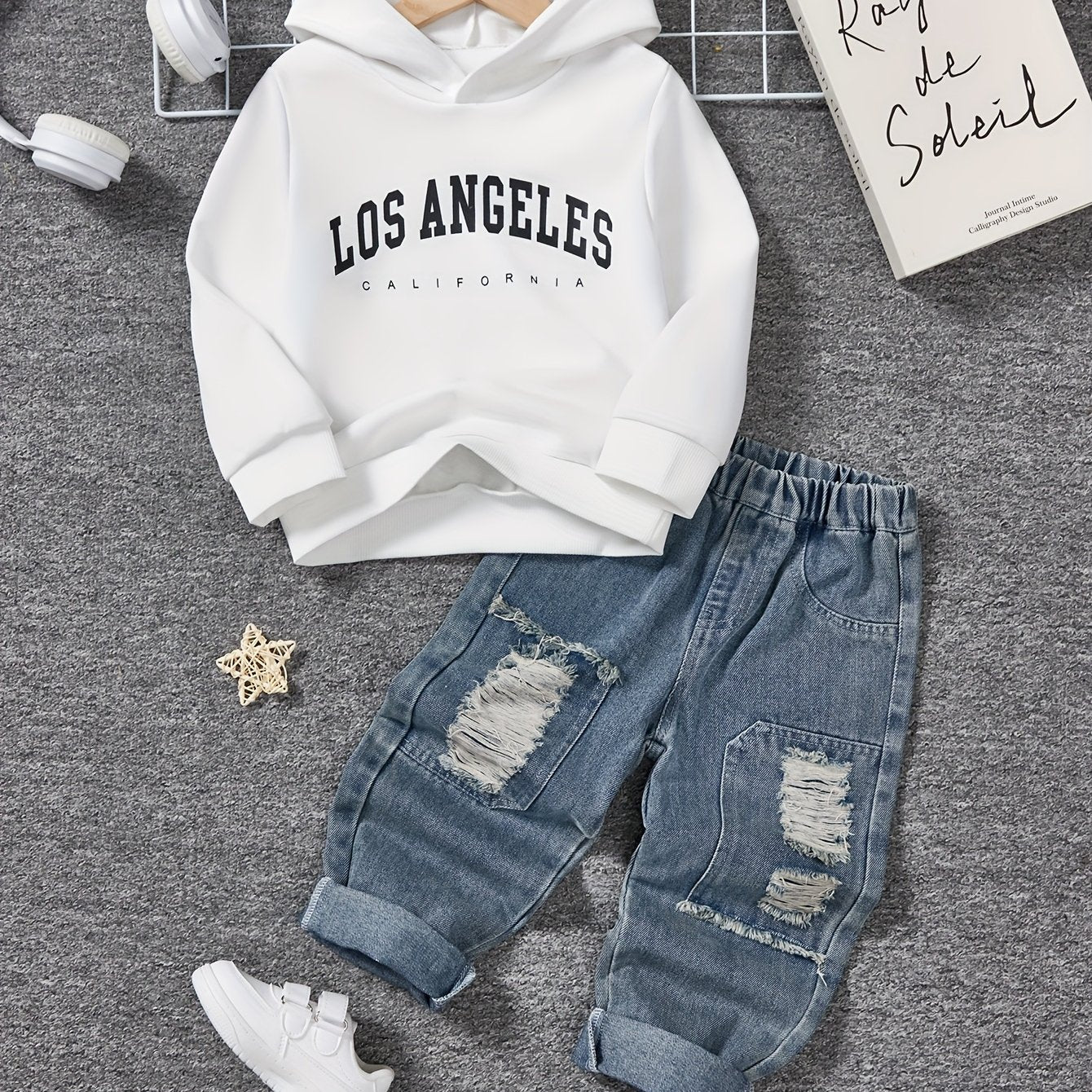 Boys Casual Alphabet Print Hoodie and Ripped Jeans Set for Spring and Fall - BabyHaven