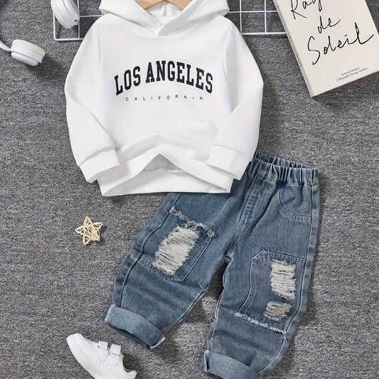 Boys Casual Alphabet Print Hoodie and Ripped Jeans Set for Spring and Fall - BabyHaven