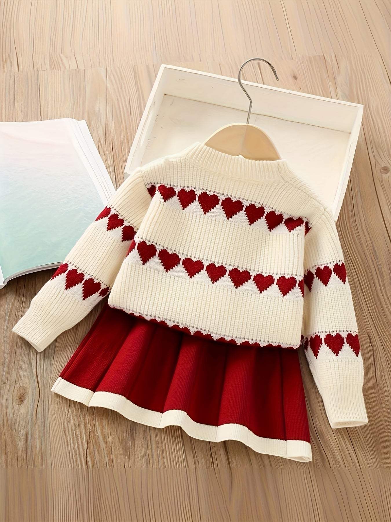 Adorable heart-patterned kids' outfit with a sweater and skirt on a hanger.