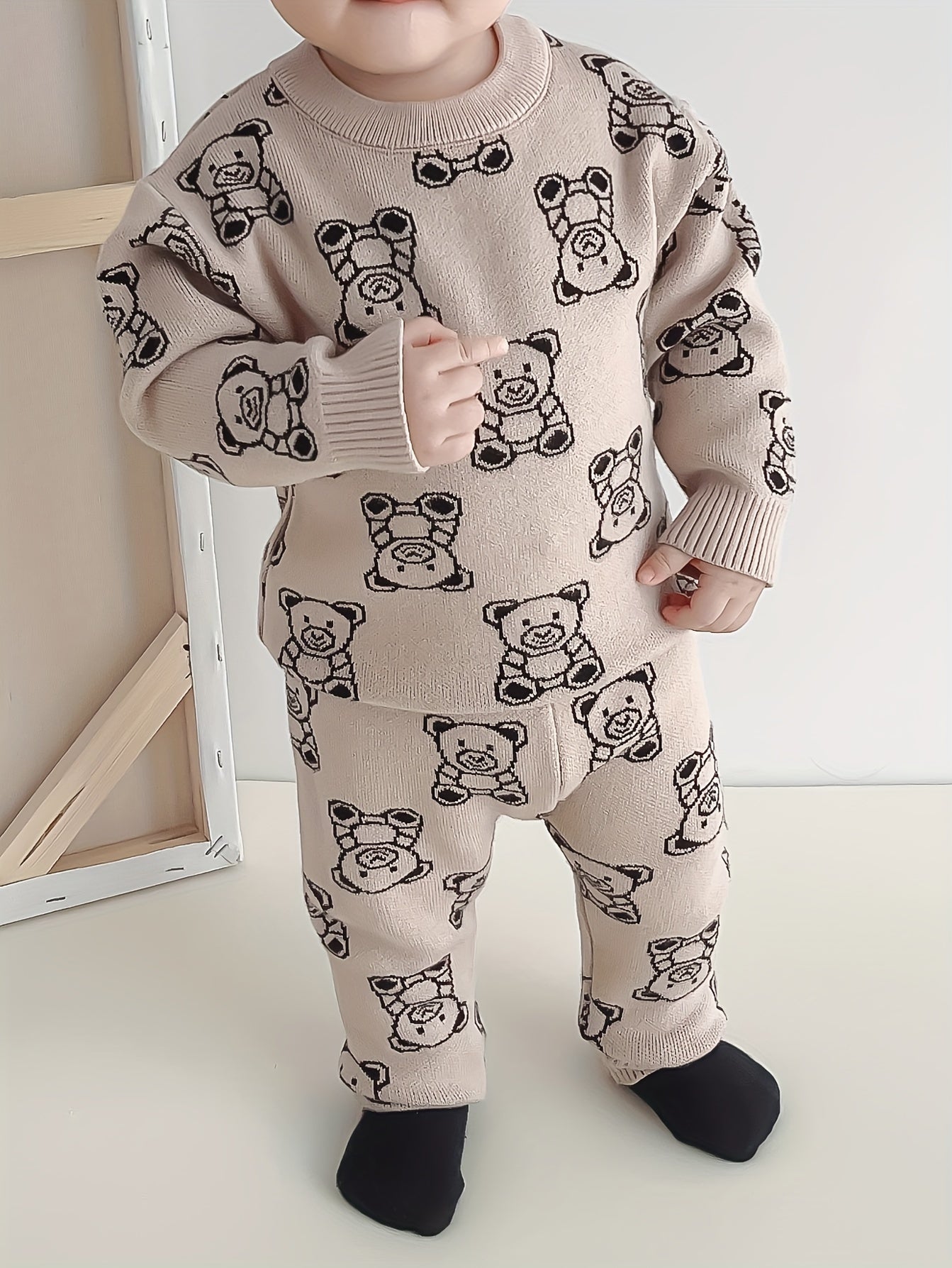 Adorable Bear Jacquard Knit Sweater & Warm Pants Set for Baby Boys - Cozy, Stretchy Fabric, Perfect for Fall/Winter, Perfect for Outdoor