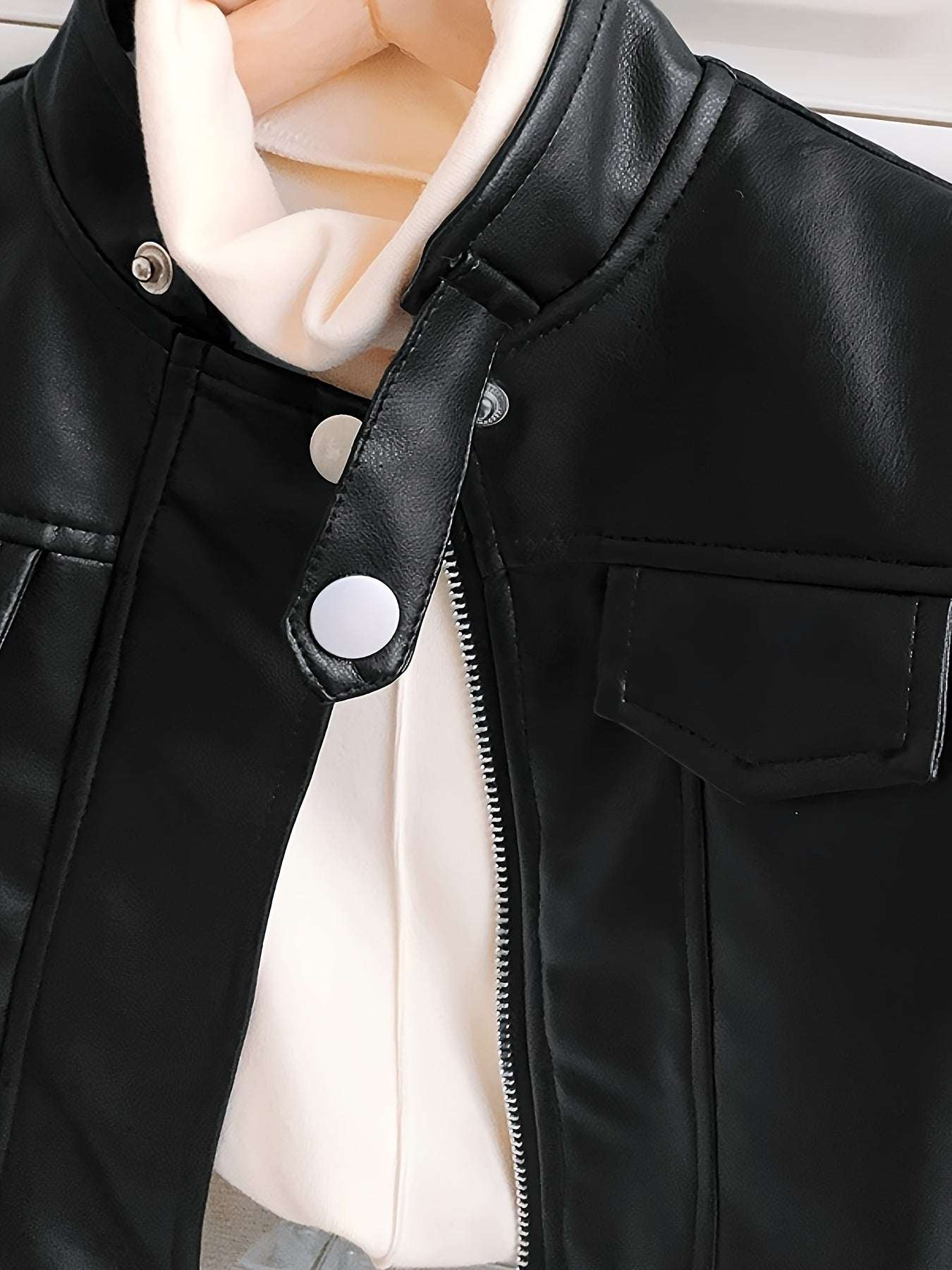 Trendy leather jacket for girls in solid black with zipper and button detail.