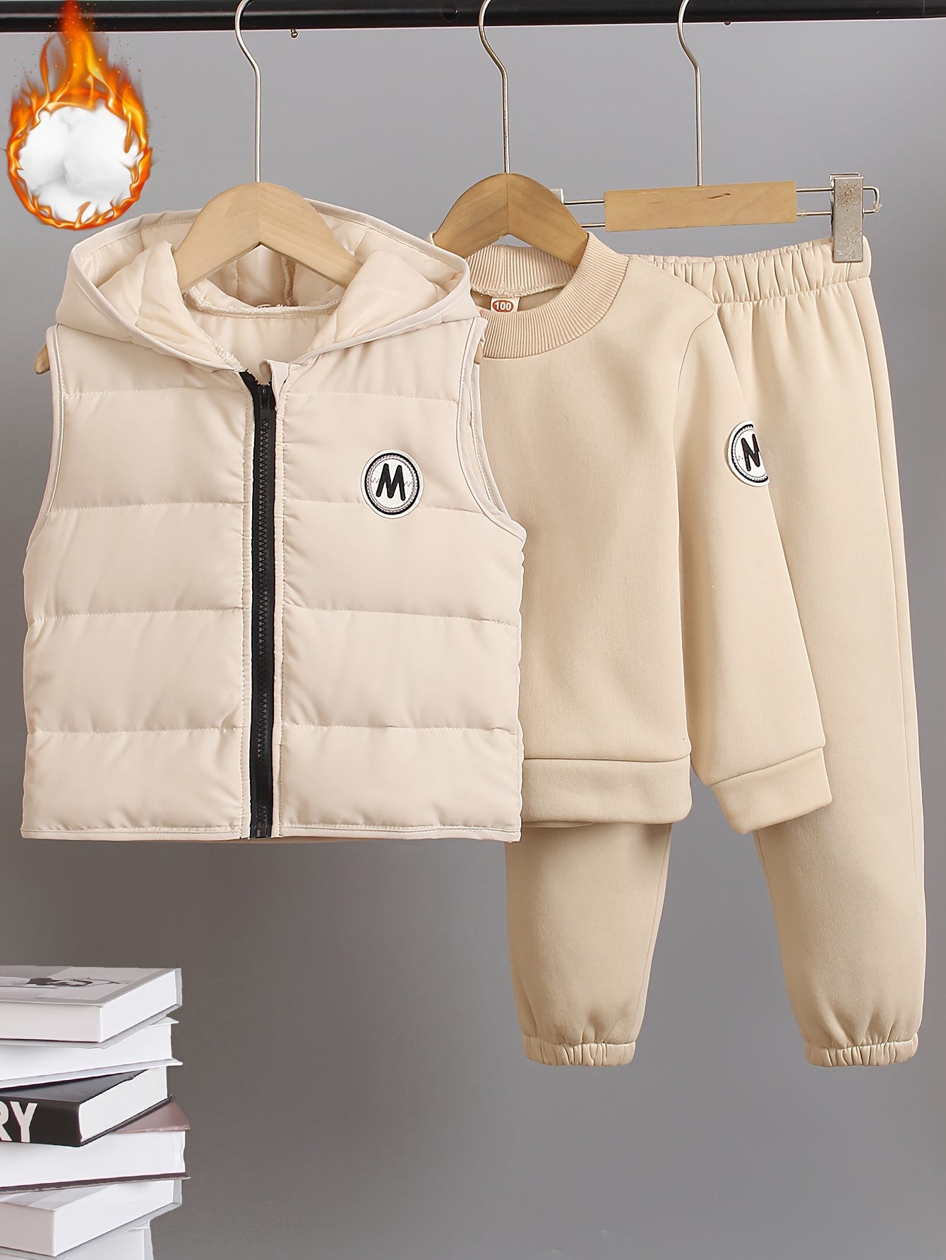 Men's Toddler Autumn and Winter Casual 3 Piece Set Beige Zip Up Hoodie Vest Long Sleeve Sweatpants with M Logo Polyester Blend Knit Fabric Stylish Toddler Outfit