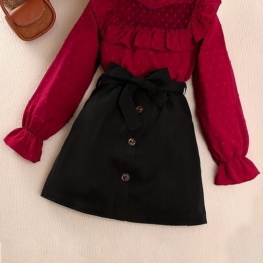 2pcs Set for Girls Featuring a Lace Patchwork Long-Sleeve Top