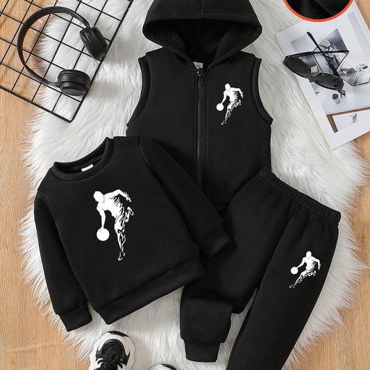 Sporty three-piece set for boys with soccer player design, featuring comfortable and versatile attire.