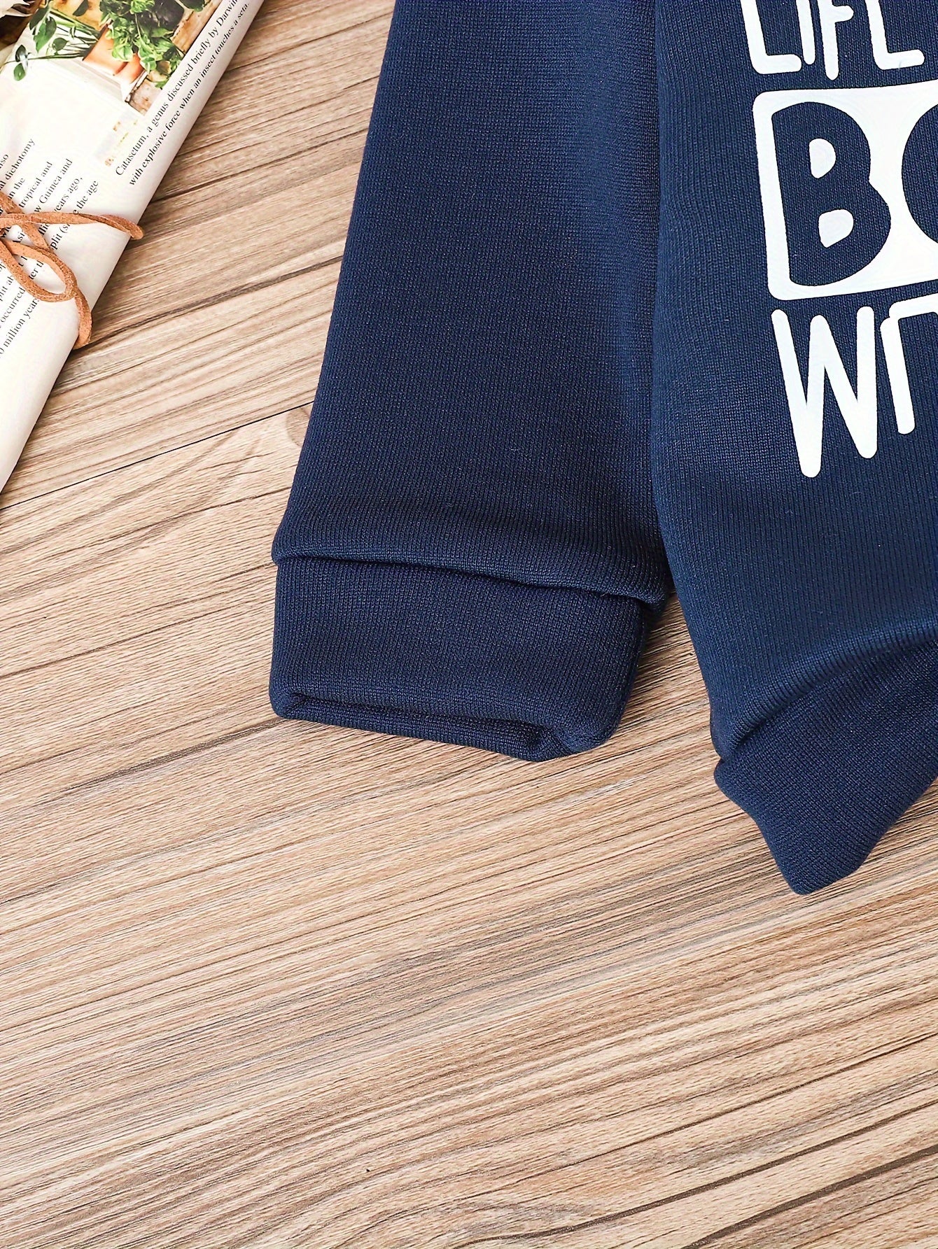 Baby Boy White Letter Print + Dark Blue Long - sleeved Sweatshirt + Casual Pants & Baby Boy Warm Two - piece Suit - BabyHaven