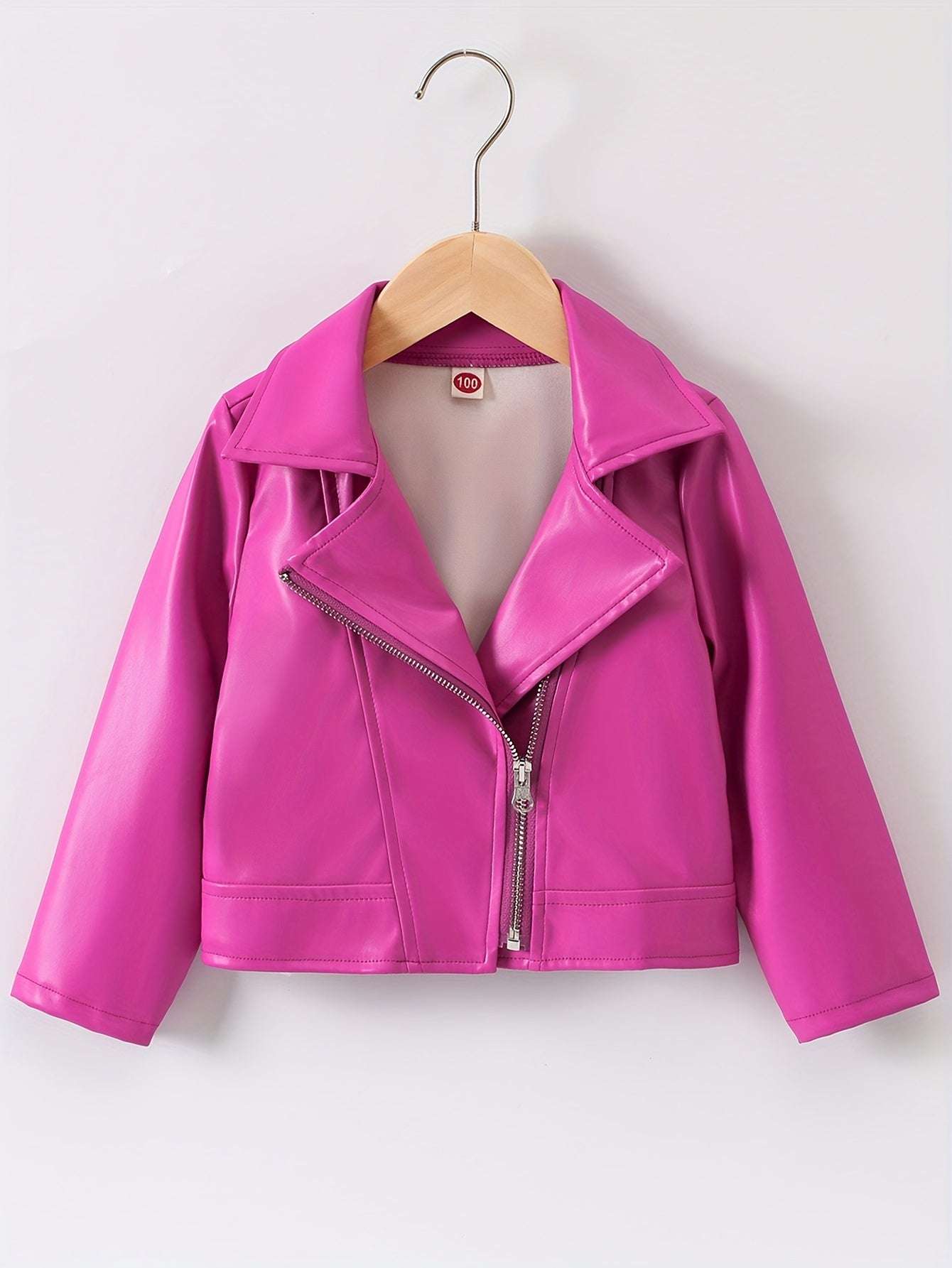 Trendy girls' pink leather jacket, durable PU material, vibrant color, stylish design.