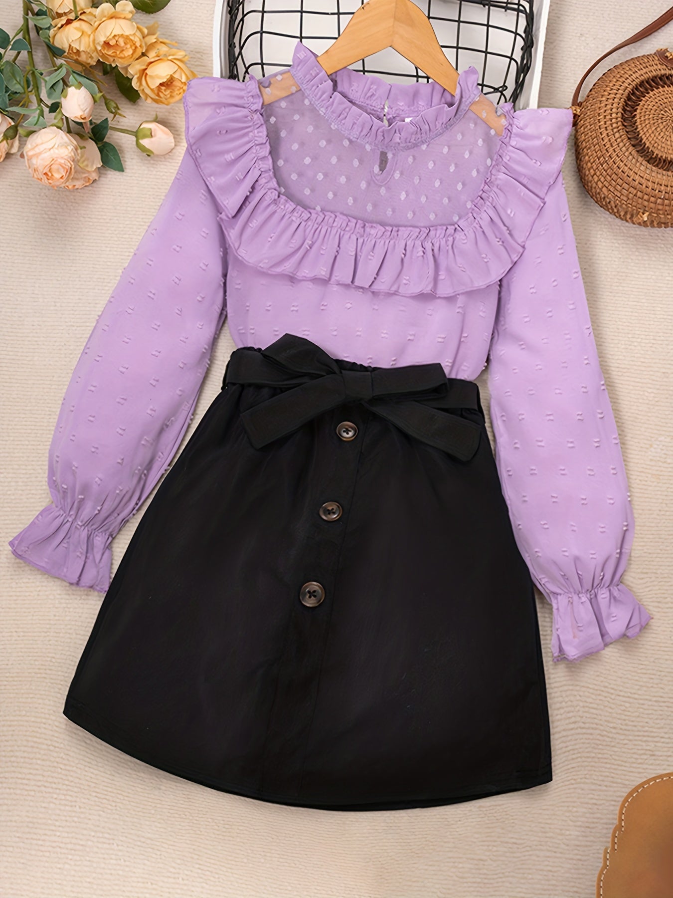 2pcs Set for Girls Featuring a Lace Patchwork Long - Sleeve Top - BabyHaven