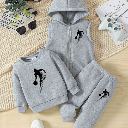 Boys' sporty three-piece set with soccer player design, featuring a hoodie, sweatshirt, and pants, in soft grey knit fabric.