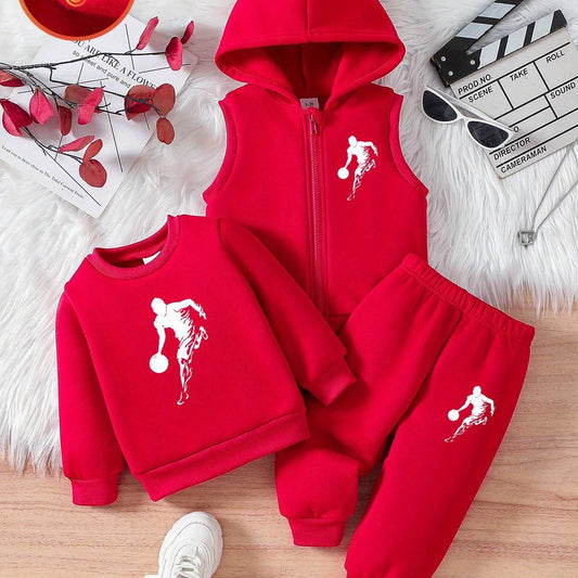 Sporty three-piece boys' set in red with soccer player design.