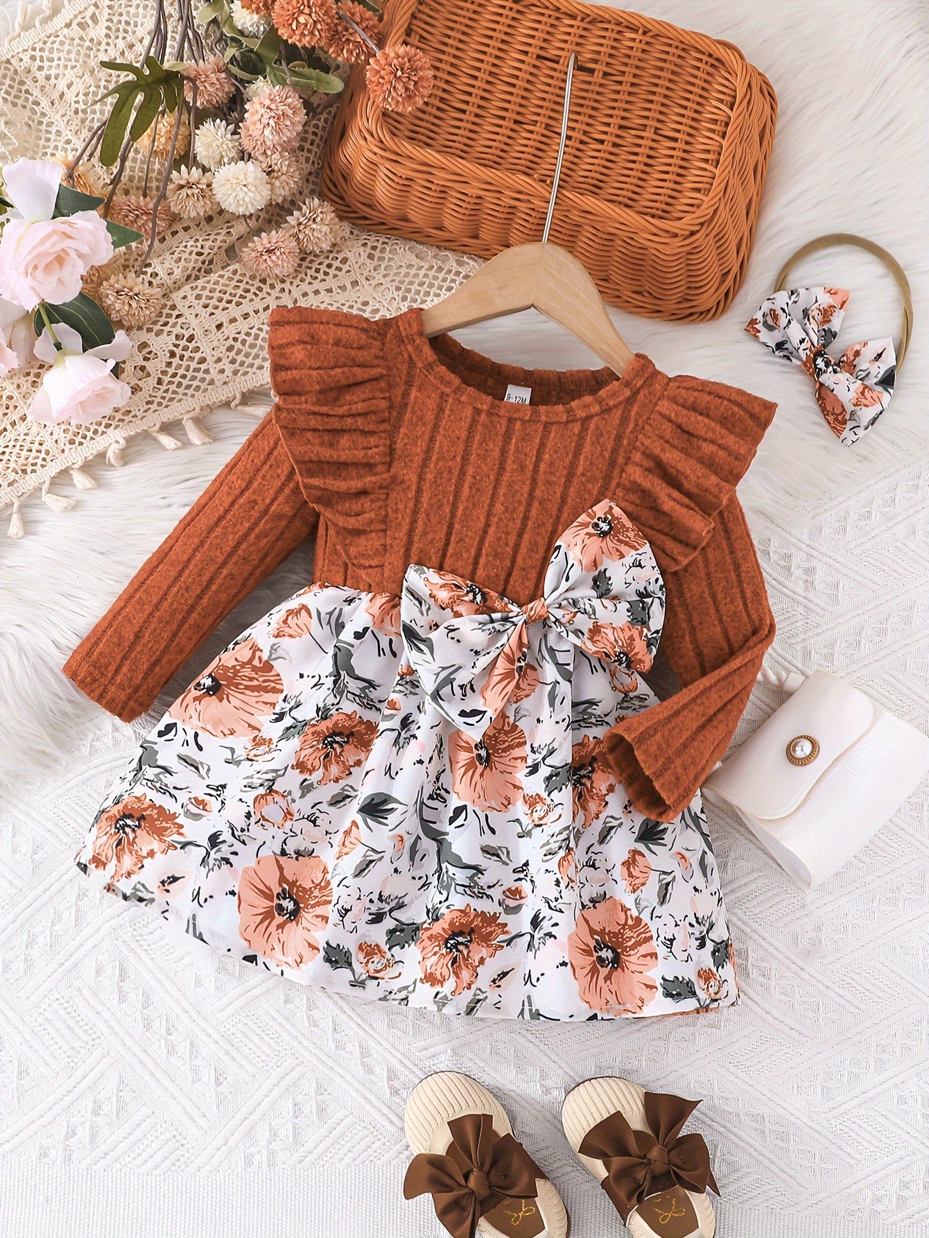 Adorable Floral Baby Dress With Bow And Matching Headband Set - BabyHaven