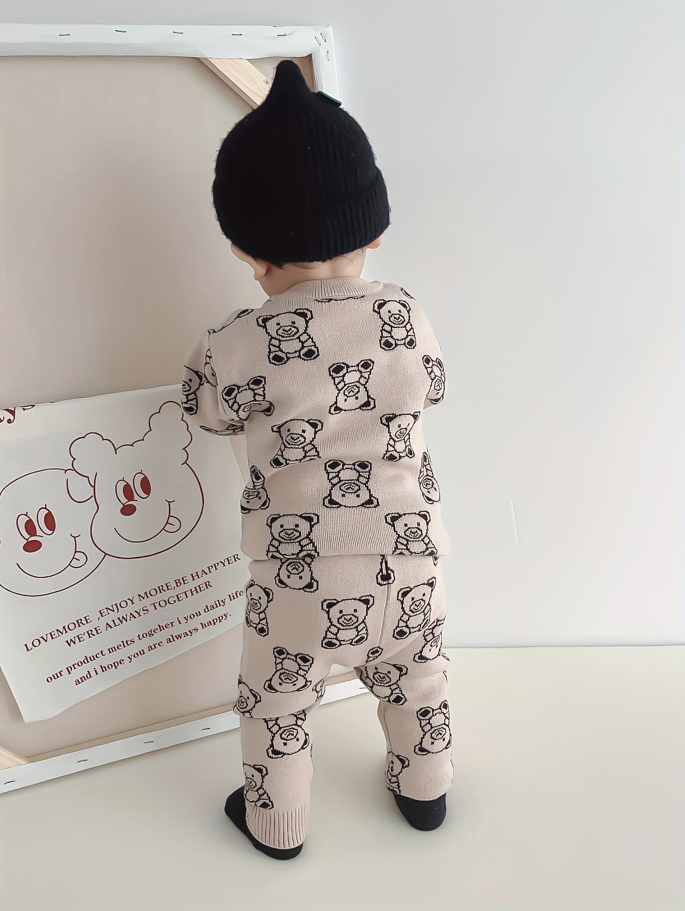 Adorable Bear Jacquard Knit Sweater & Warm Pants Set for Baby Boys - Cozy, Stretchy Fabric, Perfect for Fall/Winter, Perfect for Outdoor