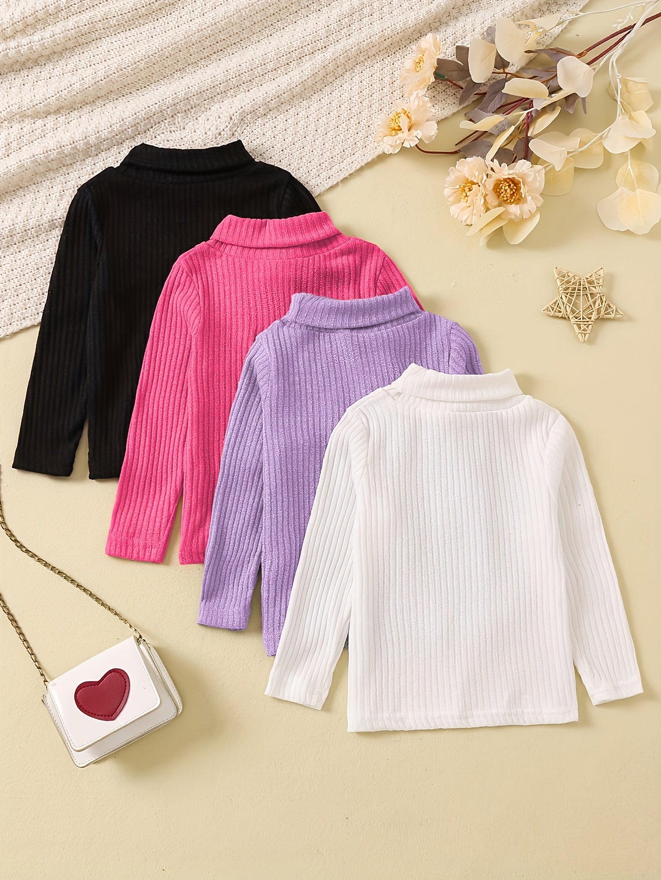 Colorful 4pcs Girls Stretchy Turtleneck Set for All Seasons, perfect for year-round style and comfort.