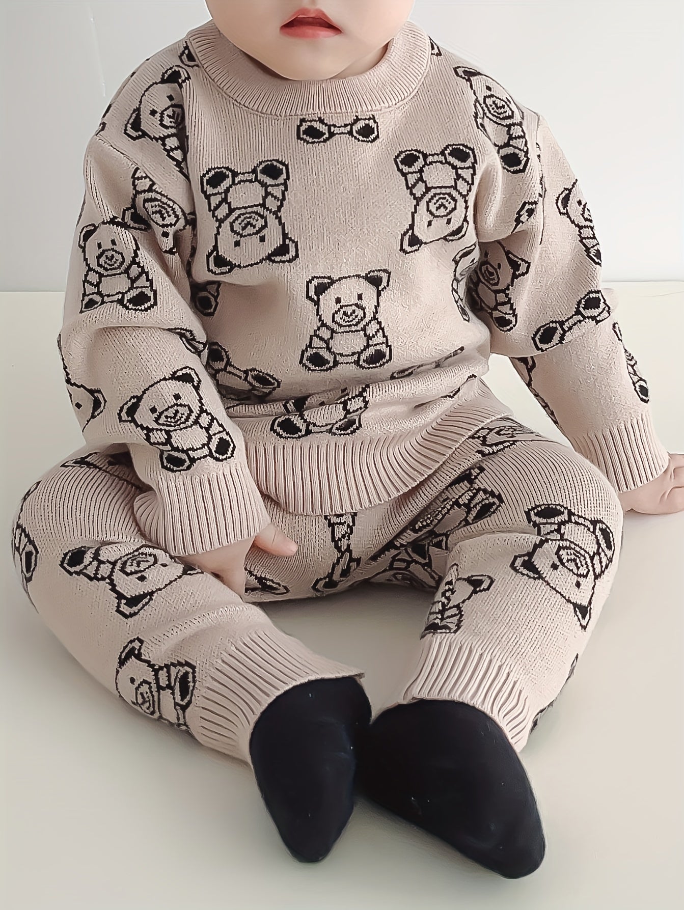 Adorable Bear Jacquard Knit Sweater & Warm Pants Set for Baby Boys - Cozy, Stretchy Fabric, Perfect for Fall/Winter, Perfect for Outdoor